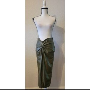 Olive Green Faux Leather Midi Skirt